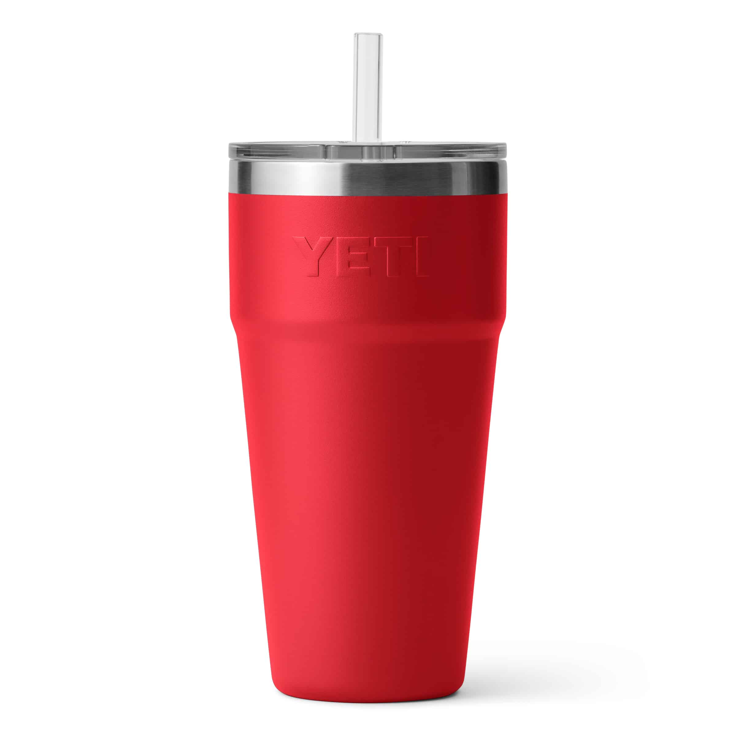 Rambler 26 oz Straw Cup Rescue Red, back view.