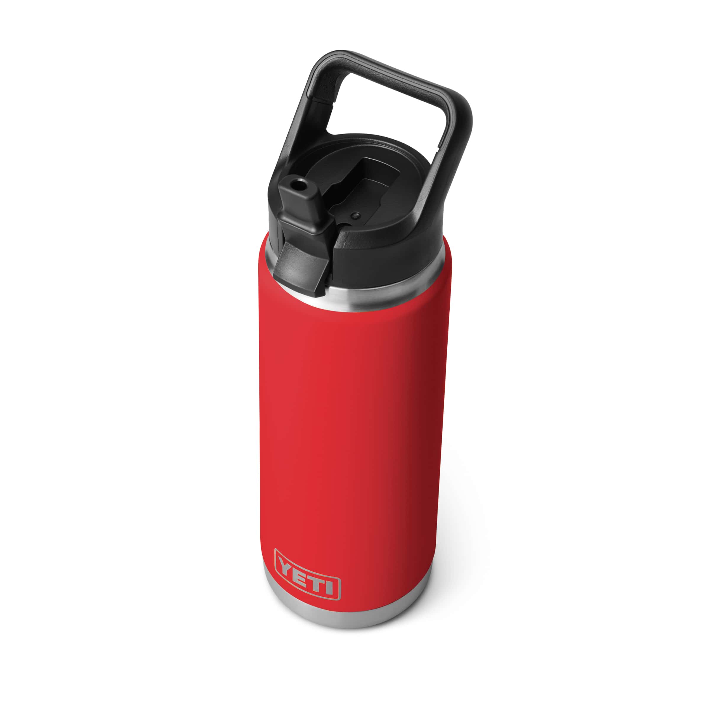YETI Rambler 26 oz Straw Bottle Rescue Red, front view with straw up.