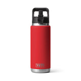 YETI Rambler 26 oz Straw Bottle Rescue Red, front view with straw lid up.