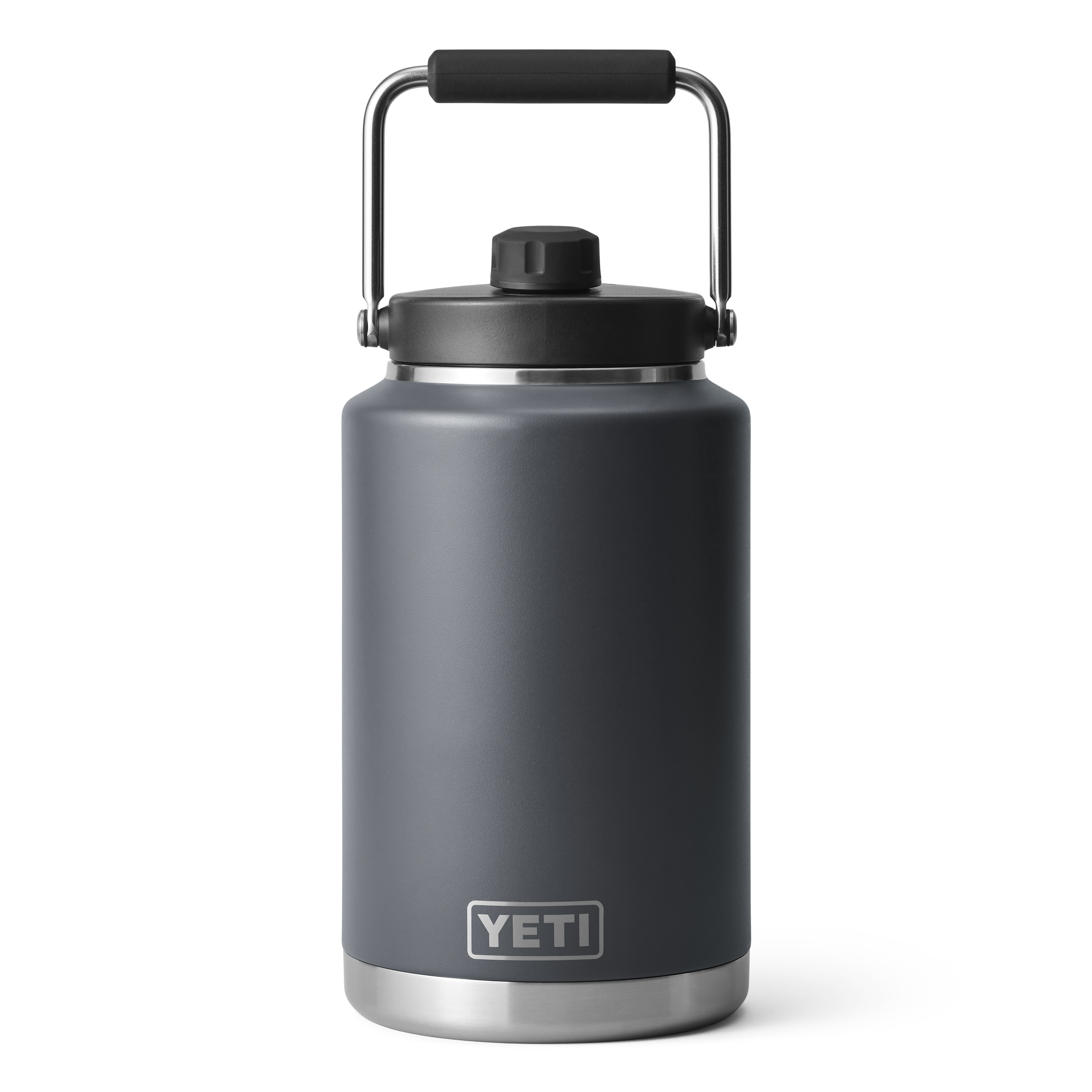 YETI one gallon jug with its handle raised, in the color Charcoal.