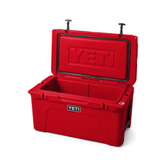 YETI Tundra 65 Hard Cooler in Rescue Red, full top view. with the lid open.
