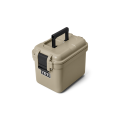 YETI LoadOut® GoBox 15 In Tan 3qtr view with the lid closed.
