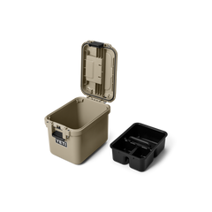 YETI LoadOut® GoBox 15 In Tan 3qtr with the caddie accessory taken out and the lid open.