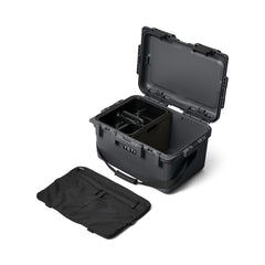 YETI LoadOut® GoBox 30 In Charcoal with the accessories inside and out.