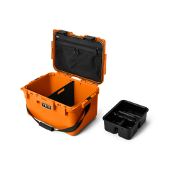 YETI LoadOut® GoBox 30 In King Crab Orange, with the caddie taken out, and the divider inside.