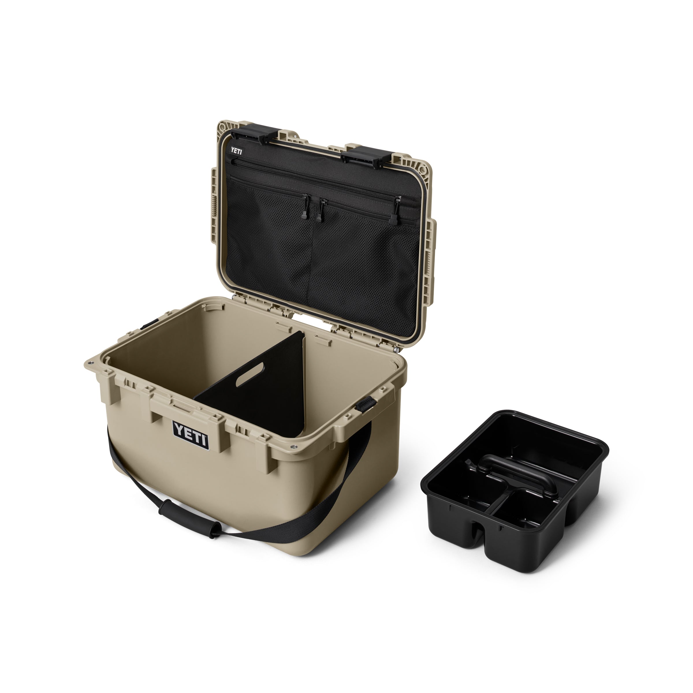 YETI LoadOut® GoBox 30 In Tan, with the lid open and the caddie on the outside.