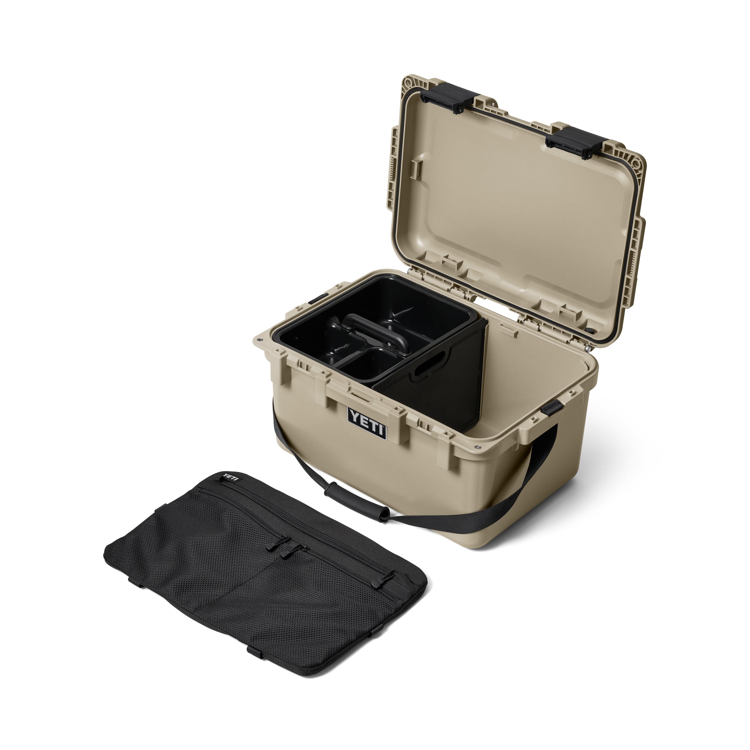 YETI LoadOut® GoBox 30 In Tan, with the lid open.