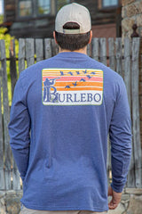 Burlebo blue long sleeve t-shirt featuring an orange logo with a duck hunter in action