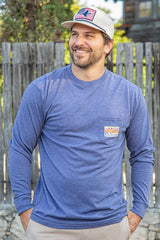 Front view of a men's blue long sleeve pocket t-shirt