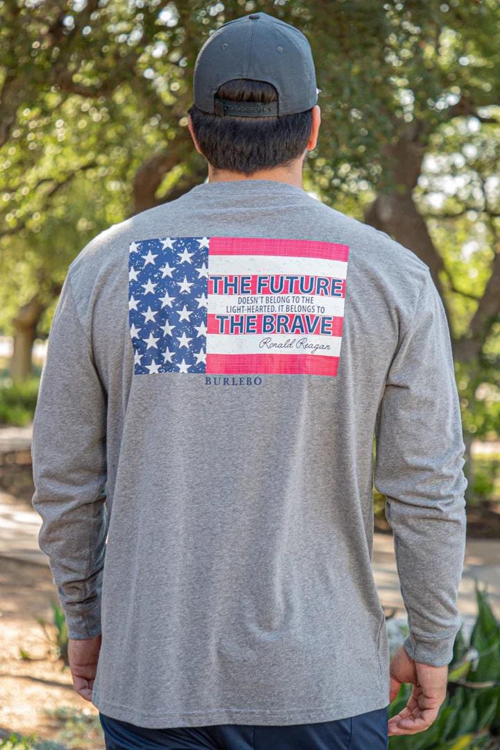 Grey long sleeve men's t-shirt with the famous quote from president Ronald Regan, "The future dosen't belong to the light hearted. It belongs to the brave."