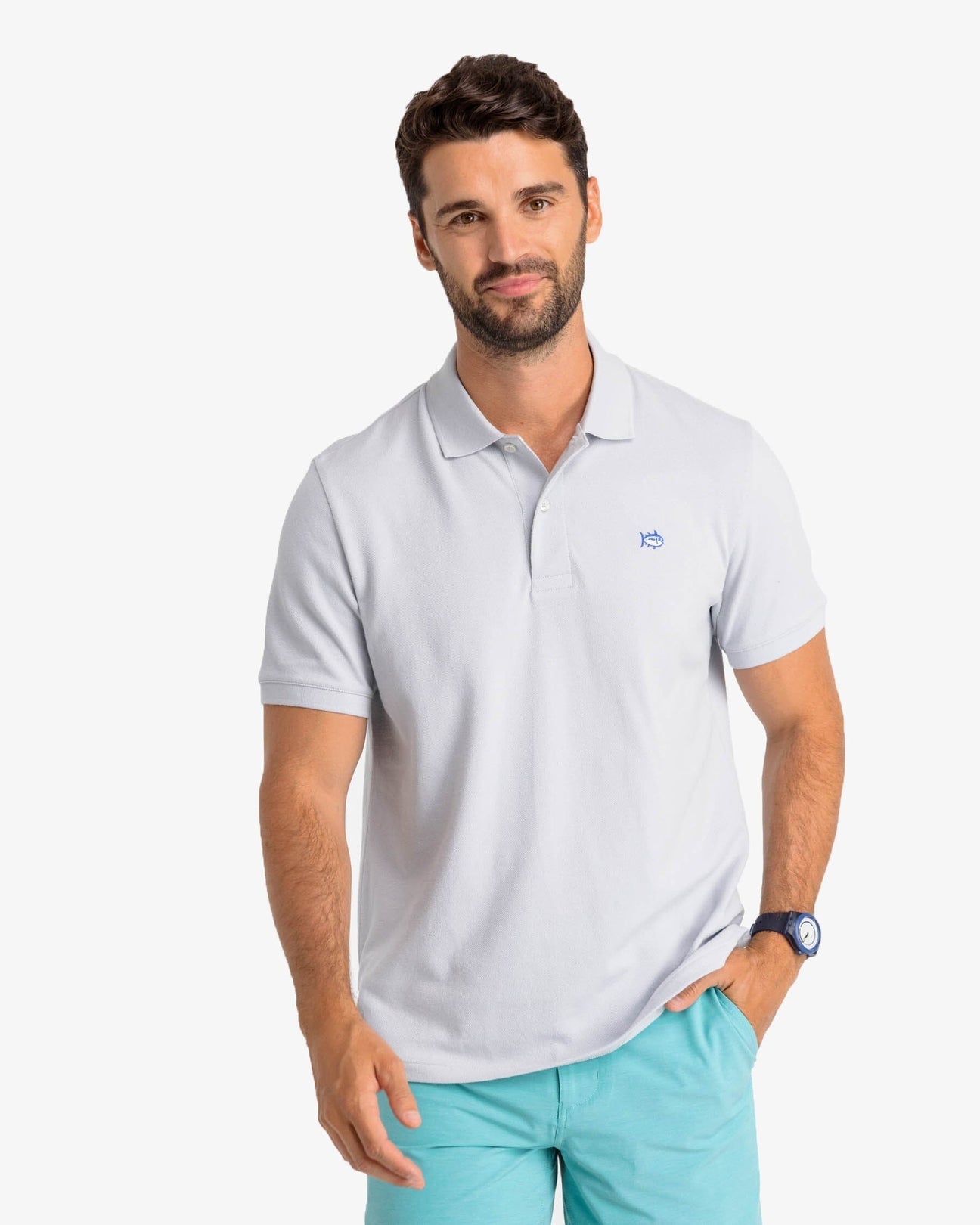 The model front view of the Men's New Skipjack Polo Shirt by Southern Tide - Slate Grey