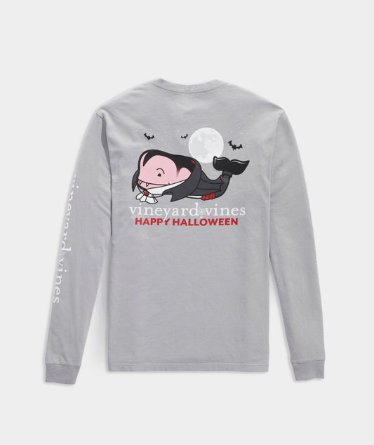 Vineyard Vines Long Sleeve Grey Pocket T-shirt With a Vampire Whale Logo With The Phrase "Happy Halloween" 1076