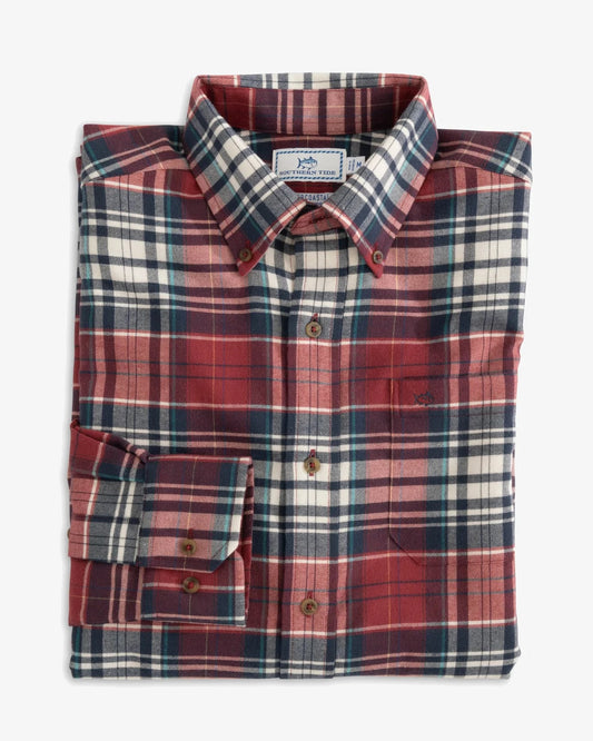 The folded view of the Southern Tide Glades Plaid Flannel Intercoastal Sport Shirt by Southern Tide - Dark Red - Southern Tide® 1296