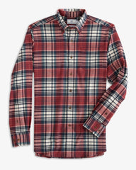 The front view of the Southern Tide Glades Plaid Flannel Intercoastal Sport Shirt by Southern Tide - Dark Red