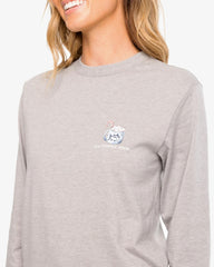 Heather hot cocoa long sleeve t shirt detailed view of the chest. No pocket, featuring the Southern Tide logo 