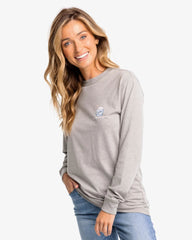 Heather hot cocoa long sleeve t shirt in heather quarry view of the front.