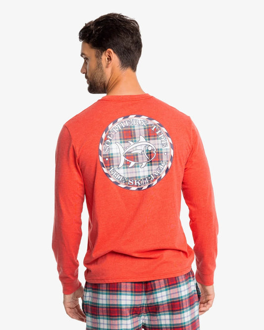 The back view of the Southern Tide Heather Plaid Skipjack Medallion Long Sleeve T-Shirt by Southern Tide - Heather Charleston Red 1296