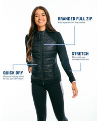 The front with features of the Women's Josette Mixed Media Full Zip Athletic Jacket - Black - Southern Tide®