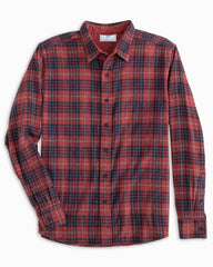 The front view of the Southern Tide Payton Heather Reversible Plaid Sport Shirt by Southern Tide - Heather Tuscany Red
