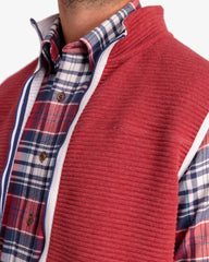 The detail view of the Southern Tide Ridgepoint Heather Reversible Vest by Southern Tide - Heather Mineral Red