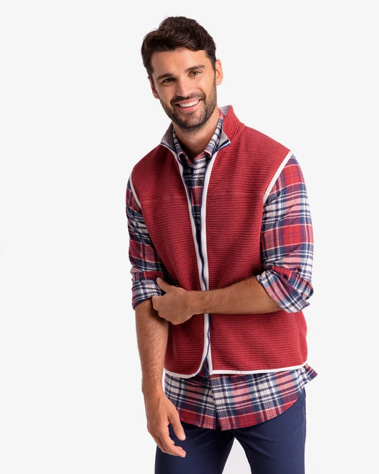 The front view of the Southern Tide Ridgepoint Heather Reversible Vest by Southern Tide - Heather Mineral Red 1296