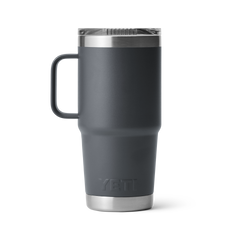 The backside of a YETI travel coffee mug with the YETI logo in Charcoal, and the handle on the left.
