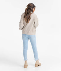 A good neutral jacket is a must-have in anyone's wardrobe, and we love how easy the Cordy is. The sueded, velvety corduroy knit has stretch for days, and the Sandalwood color pairs great with just about anything. The slightly oversized trucker styling is generous and comfortable, never restrictive. We recommend ordering true to size, or sizing down if you are in-between sizes. Back