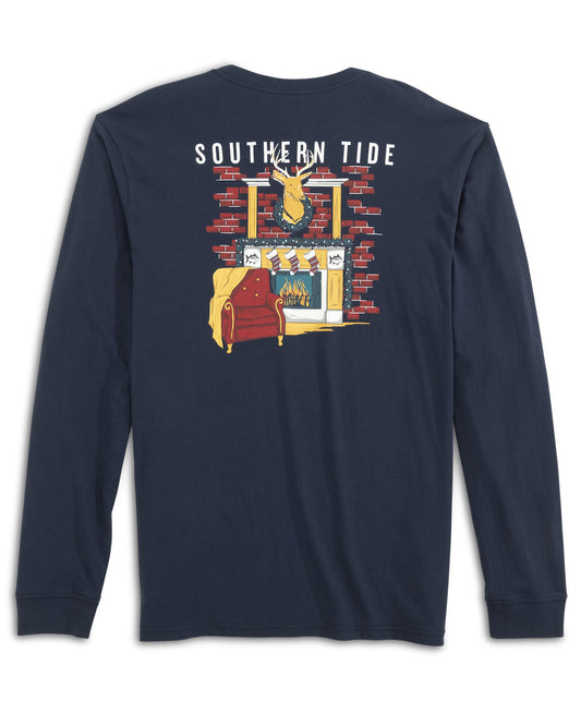 Southern Tide navy long sleeve t-shirt, featuring a classic Christmas fire place mantel  1200