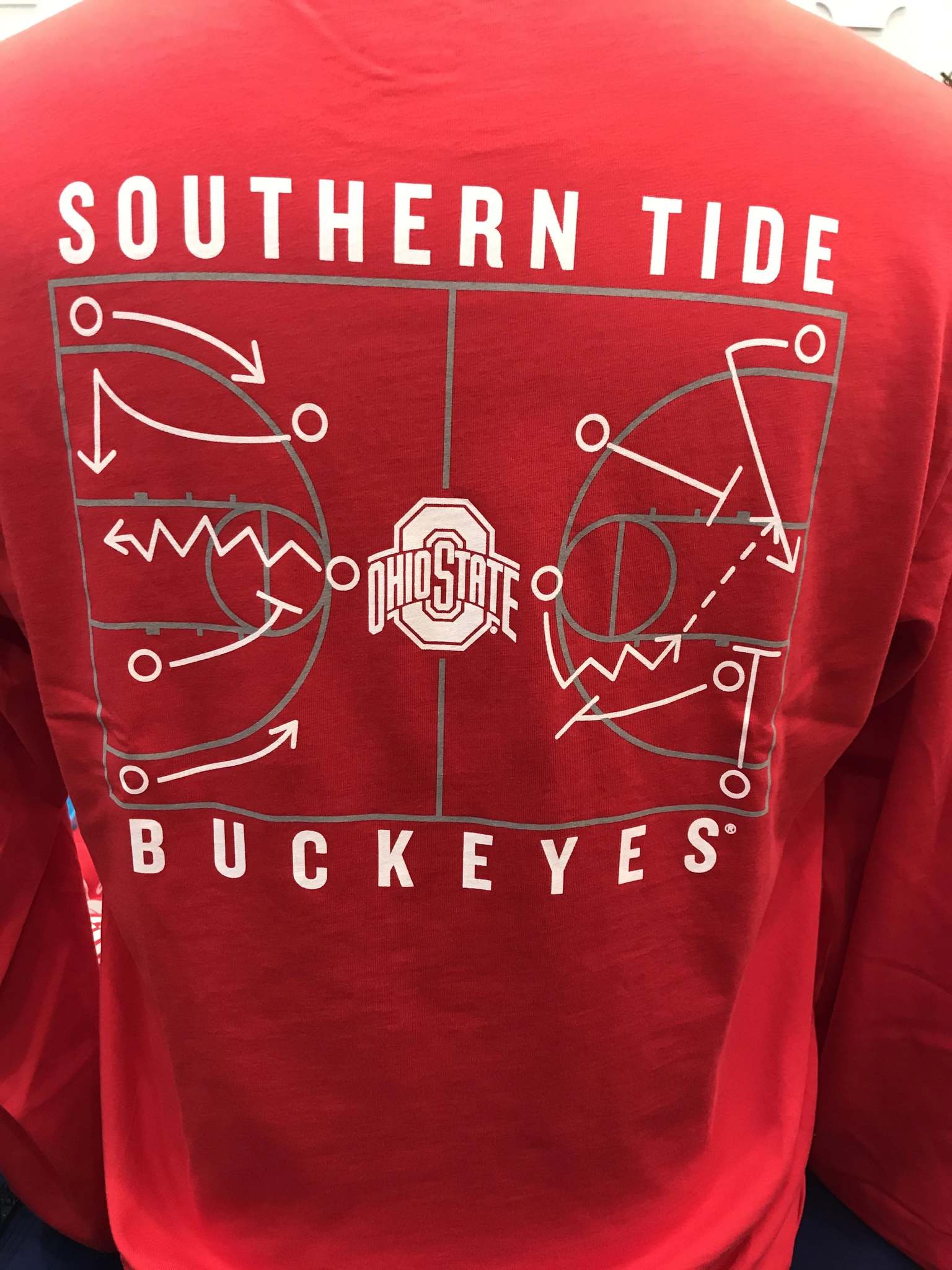Southern Tide red Ohio State basketball t-shirt. Featuring the play design on a basketball court. 