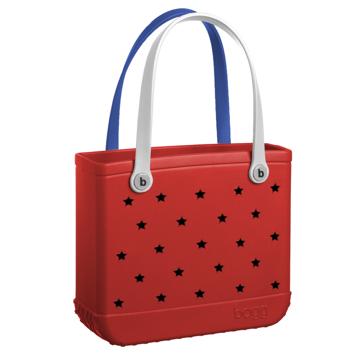 Baby Bogg Bag With Red Body, White and Blue Shoulder Straps and Blue Stars On The Front
