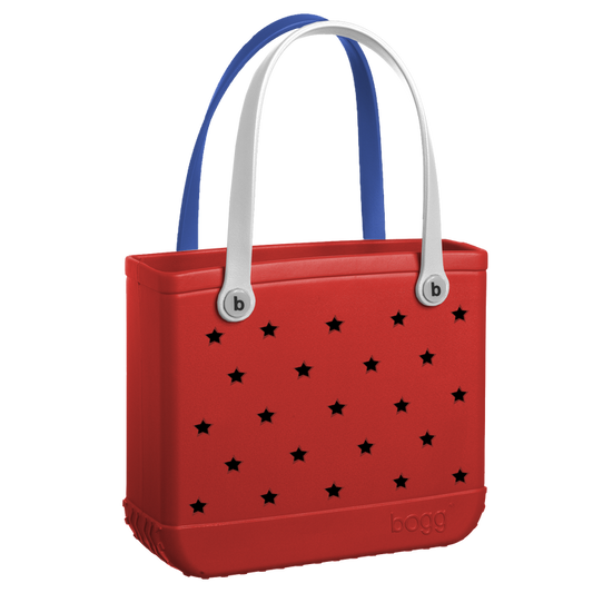 Baby Bogg Bag With Red Body, White and Blue Shoulder Straps and Blue Stars On The Front 720