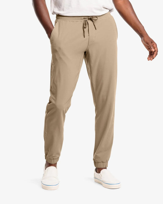 The front view of the Southern Tide The Excursion Performance Jogger by Southern Tide - Sandstone Khaki 1296