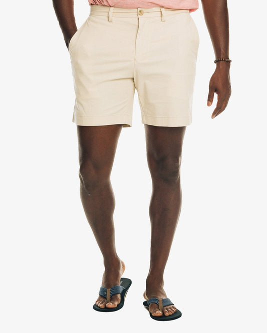The front view of the Men's New Channel Marker 9 Inch Short by Southern Tide - Light Khaki 1296